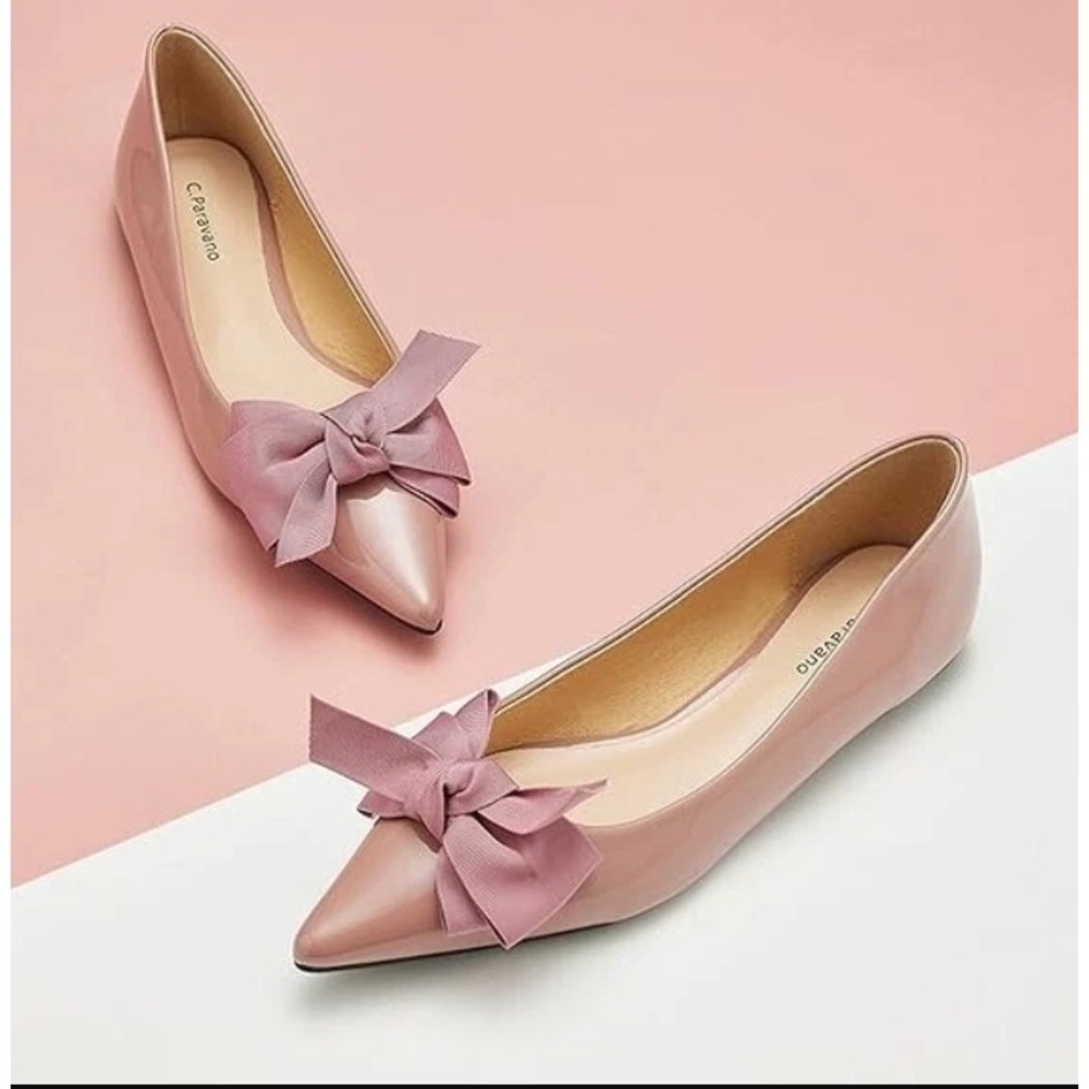 C.Paravano Pointed Toe Bow Ballet‎ Flats Pink Leather Women 41 10 New